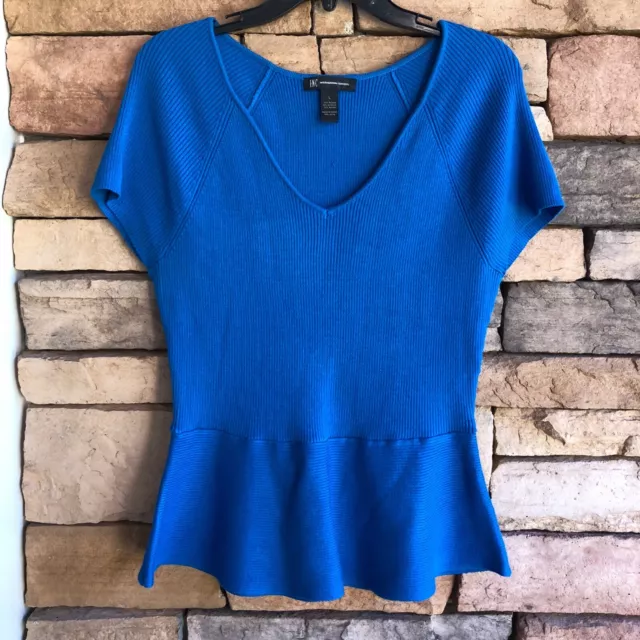 INC International Concepts Blue Ribbed knit short Sleeve Top Women’s Large EUC