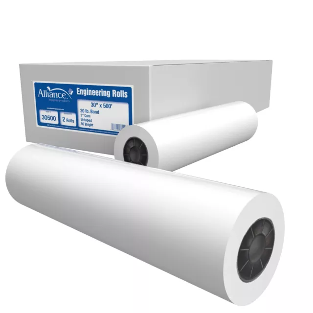 Alliance Paper Rolls, Bond Engineering, 30”x500’x3”, 92 Bright, 20lb. 2 Rls/Ctn