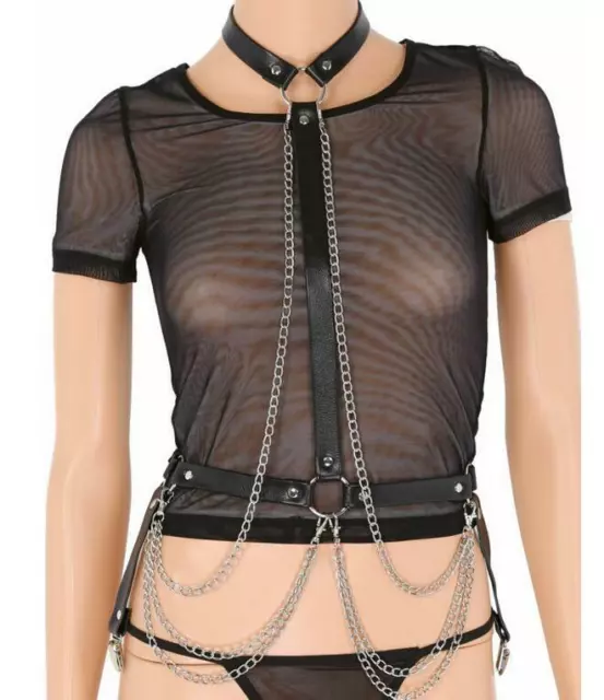 Womens Goth Leather Harness Cage Sexy Bra Strappy Body Bustiers Chain Waist Belt