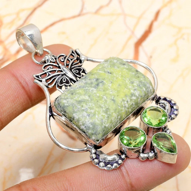 Swiss Green Opal, Tsavorite Gemstone Handmade Gift Jewelry Pendant 2.55" w562
