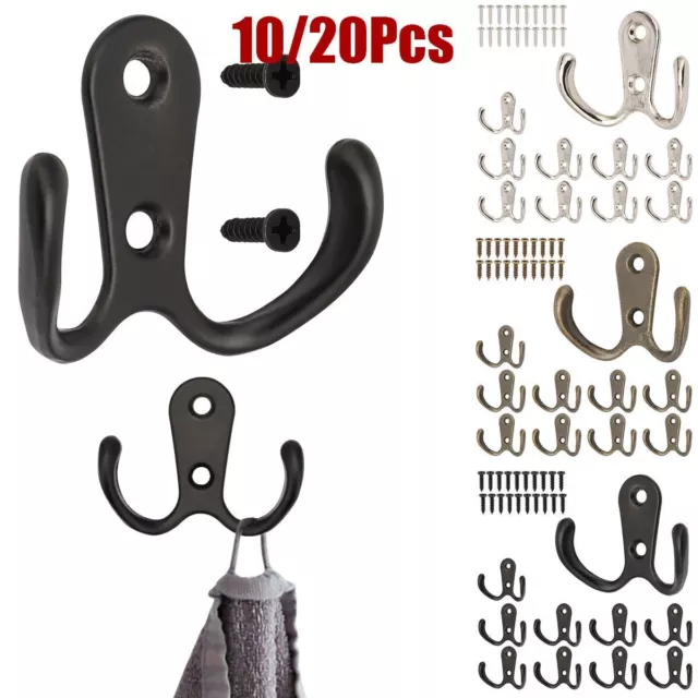 10/20pcs Heavy Duty Double Prong Coat Hooks Wall Mounted Retro Robe Hat Clothes