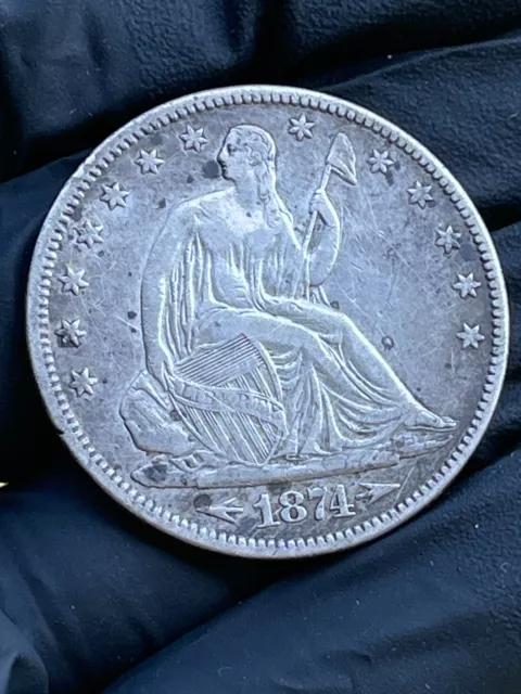 1874 -P  Seated Liberty Half Dollar with Arrows 90% Silver XF