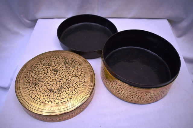 Antique Burmese Betel Nut Box Gilt Lacquerware Myanmar Floral Gold Painted Old"5 7