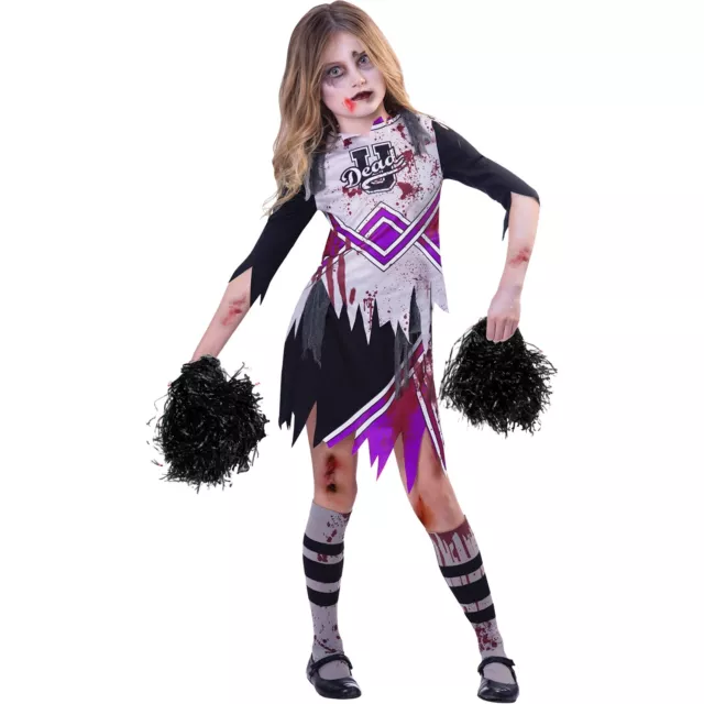 Childs Purple Zombie Cheerleader Fancy Dress Costume Kids Halloween High School
