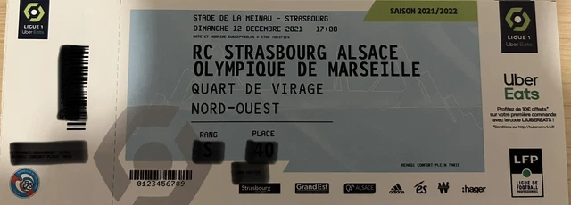 Billet (ticket) Racing Club De Strasbourg Contre Olympique De Marseille (OM) - Match Du 12.12.2021 - Ligue 1 - Rare