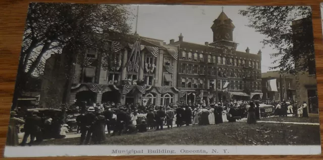 Oneonta New York Municipal Building With Flags Real Photo Vintage Postcard B1