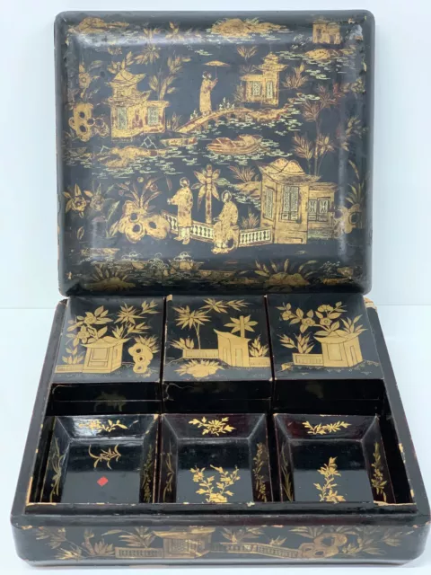 Antique Chinese Golden Lacquer Games Box 19th Century Mother-of-Pearl Tokens
