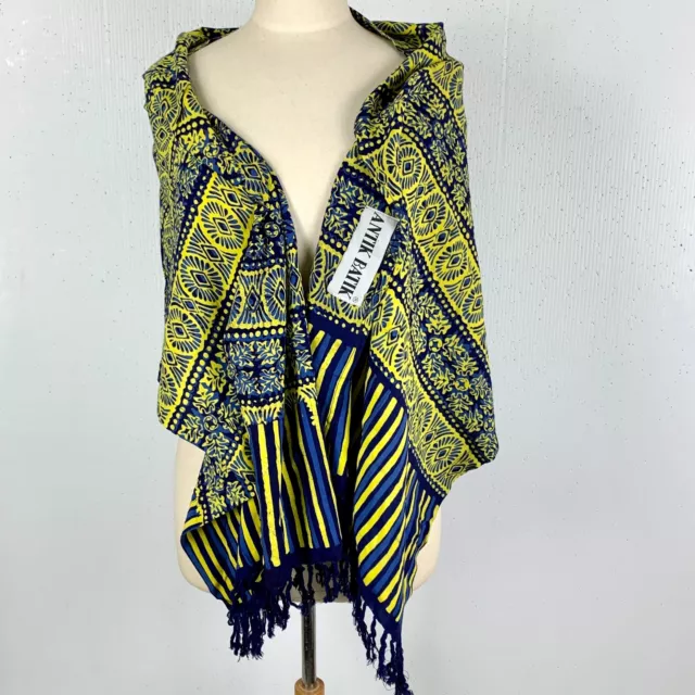 Antik Batik Scarf Shawl Blue Yellow Fringe Cotton Wrap Excellent Condition