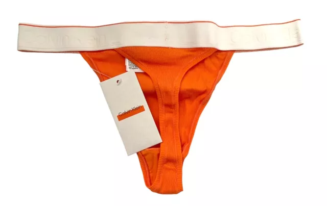 Calvin Klein Nwt Orange Ribbed Tonal Logo Band Cotton Blend Thong Panty 2