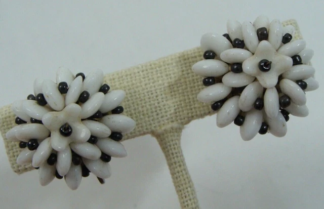 W Germany VTG White Milk Glass Black Bead Layered Flower Cluster Brass Earrings