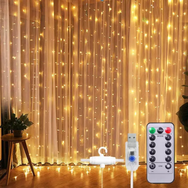 Window Curtain String Light 300 LED 8 Lighting Modes Fairy Lights USB Powered