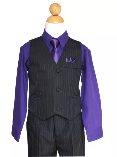 Pinstripe Boys shirt Vest, Pants, tie Suit Set, Purple/Black,Size: 2T to 14