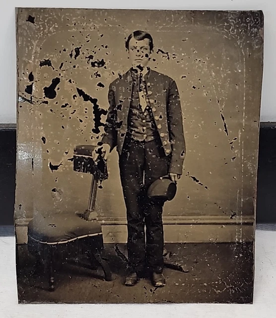 Authentic Civil War Union Soldier Studio Tintype Image Frockcoat Forage Cap