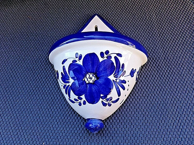 Ancien porte lettre peint à la main- porte courriers vintage bleu-décor fleur