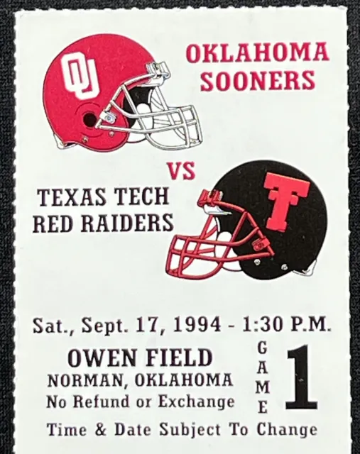1994 Oklahoma Sooners vs Texas Tech Red Raiders Football Ticket Stub Owen Field