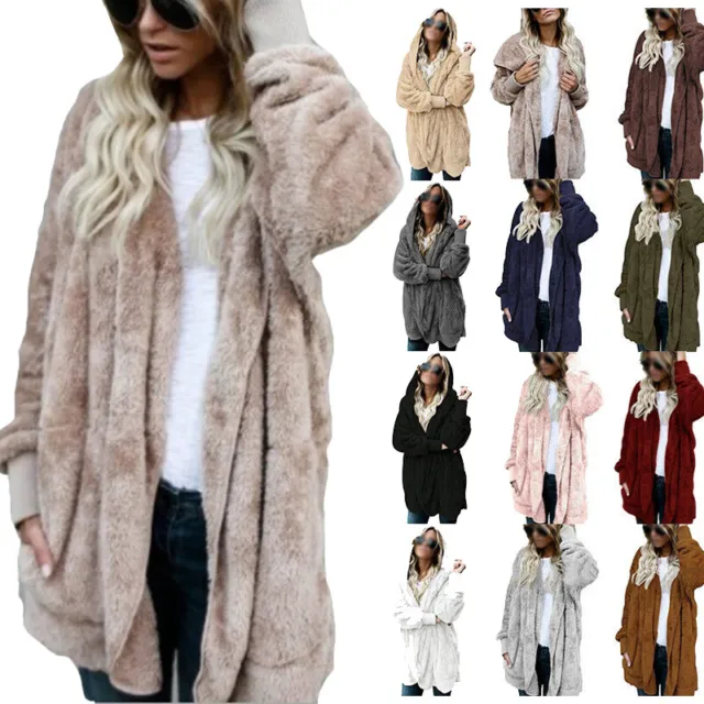 Women Teddy Bear Fluffy Coat Ladies Warm Hooded Fleece Jacket Cardigan Tops UK