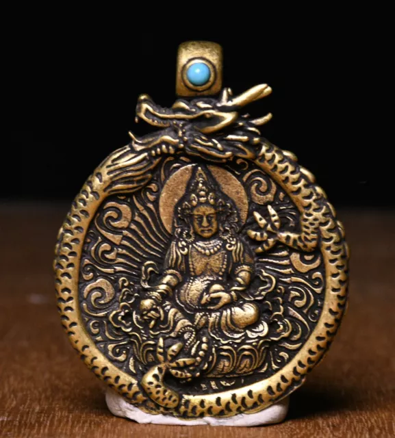 Old Tibet Bronze Gilt Dragon Yellow Jambhala Wealth God Buddha Amulet Pendant