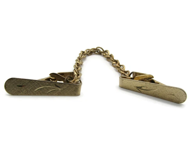 Vintage Tie Clip Chain Men's Jewelry Gold Tone Etched Leaf Design