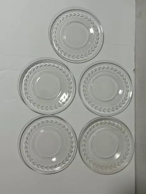 Cut Glass Clear Dessert Plates, Laurel Leaf Pattern Pair 5 Plates