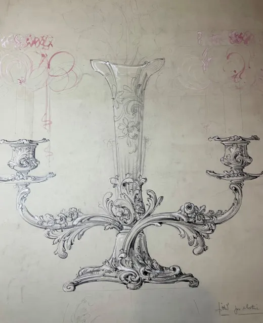 Antique 1800's Reed & Barton original silver candelabra blueprint ink sketch