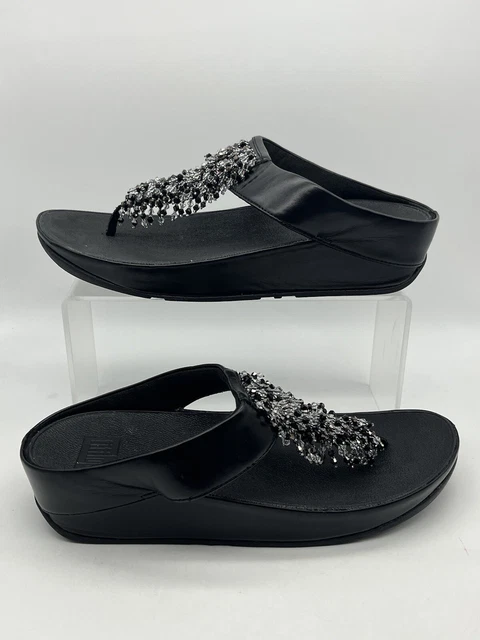 FitFlop Rumba DR7-090 Womens Sz 9 Thong Sandals Platform 1.5” Heel Black Beaded
