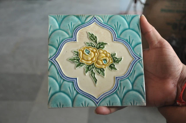 2 Pc Vintage M.S Mark Floral Design Colorful Ceramic Tiles , Japan 2