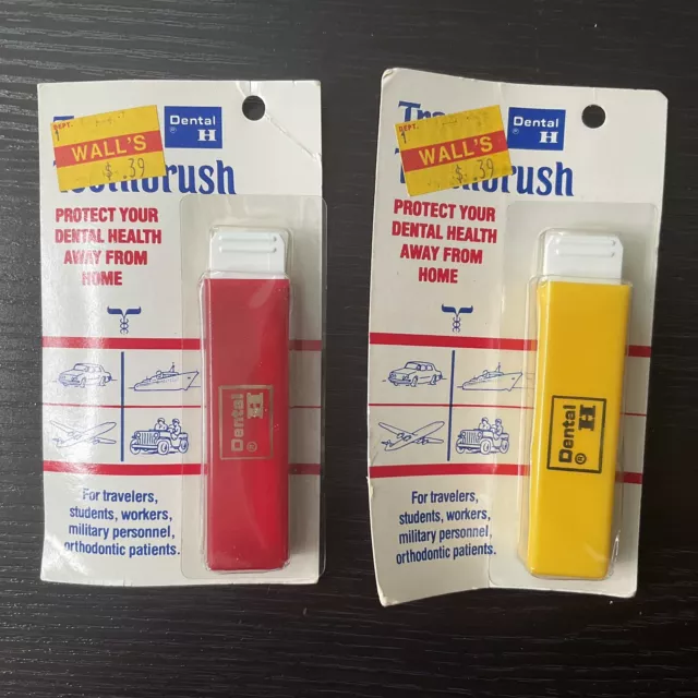Cepillos de dientes de viaje dentales H vintage con cubiertas EE. UU. de lote antiguo rojo amarillo nuevo en paquete