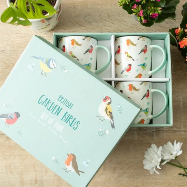 Set of 4 Gift Boxed Garden Birds Bone China Mugs Robin Blue Tit Gardeners Gifts