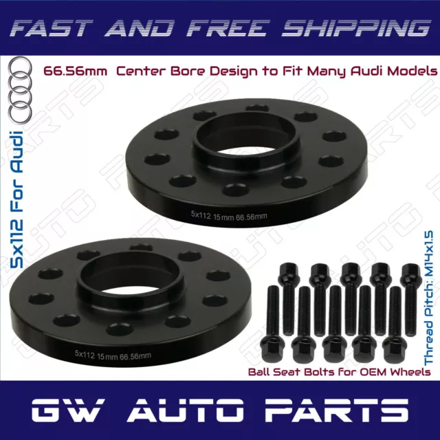 2 Black 15mm Audi 5x112 Hub Bore Wheel Spacer Kit 66.6mm Fit Q5 SQ5 W/Ball Bolts