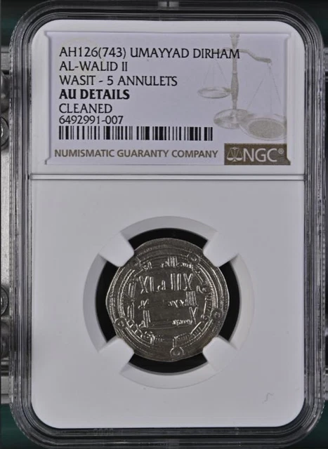 Umayyad Caliphate AL WALID II Islamic Coin Dirham NGC AU DETAILS AH 126 ( 743 ) Umayyad Caliphate AL WALID II Islamic Coin Dirham NGC AU DETAILS AH 126 ( 743 )