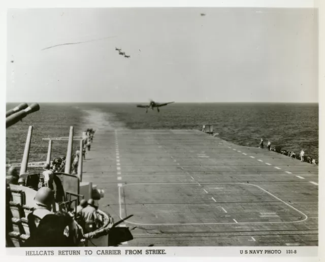 Hellcat landing on the deck of a US aircraft carrier Pacific Ocean OLD PHOTO