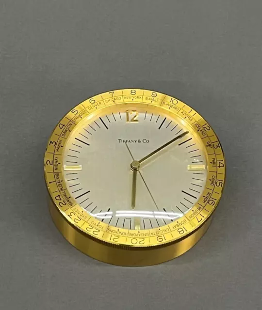 Tiffany & Co. Rotating Brass World  4 1/2" Desk Clock with Inscription