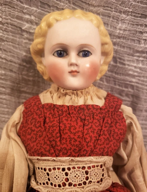 Old Painted Bisque Porcelain Head Doll Glass Eyes Orig Clothes Molded Blond Hair 2
