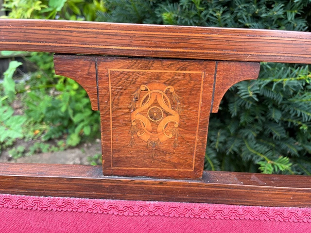 Victorian Rosewood Settee Inlaid with Cartouche Motifs Upholstered in Red Fabric 2