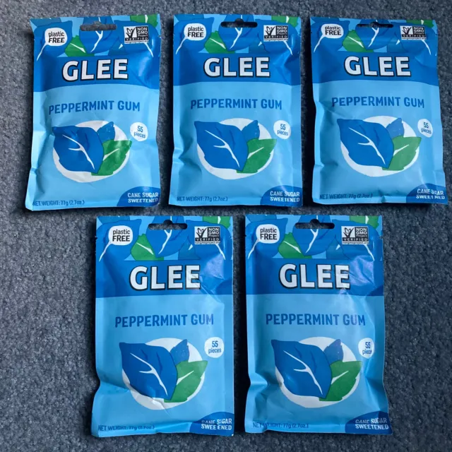 5 PACKS/55 Pieces Each Bulk Lot Glee Peppermint Gum Cane Sugar Sweetened Non-GMO