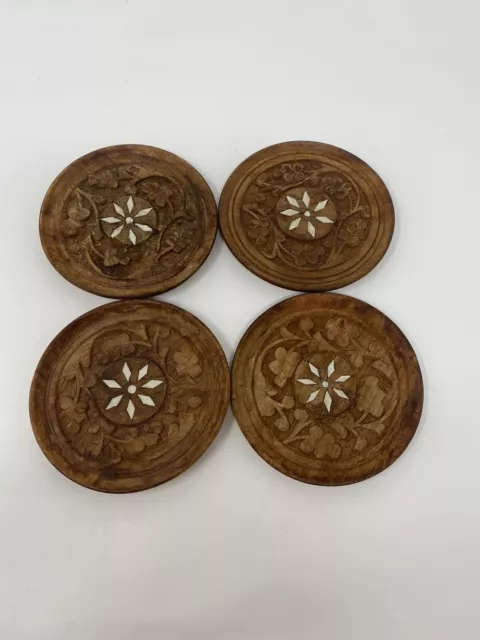 Carved Sheesham Wood Coasters Moasiac Floral Inlay Set of 4