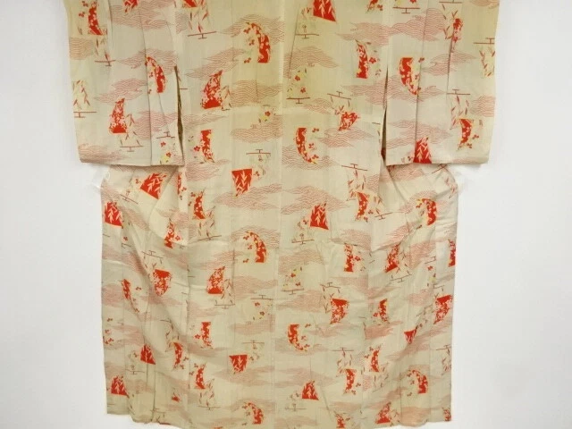 39827# Japanese Kimono / Antique Hitoe Juban / Woven Raging Waves & Sailing