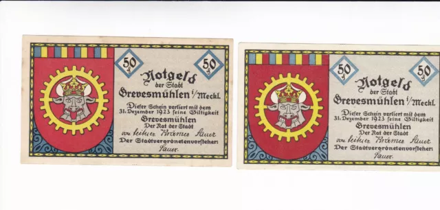 Notgeldscheine Grevesmühlen Mecklenburg-Vorpommern 2 Scheine 50 Pfennig 1921