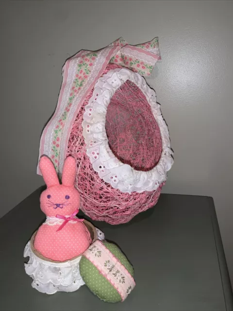 Vintage String Art Easter Egg W/ Lace & Cloth Bunny Decoration Homemade Pink VTG