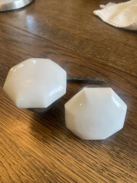 2 Antique Vintage Octagonal 8 Sided Milk Glass Door Knobs Brass Shanks