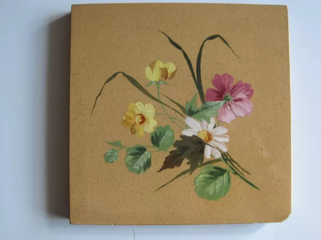 Antique Victorian Minton Hollins 6" Buff Tile W/ Hand-Painted Flowers C1870-95