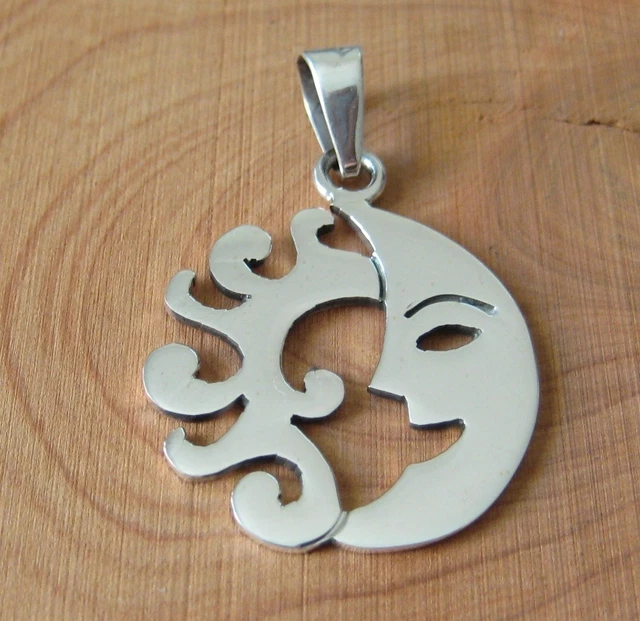 Mexican 925 Silver Shiny ECLIPSE SUN & SMILING MOON FACE Astrology Pendant Taxco