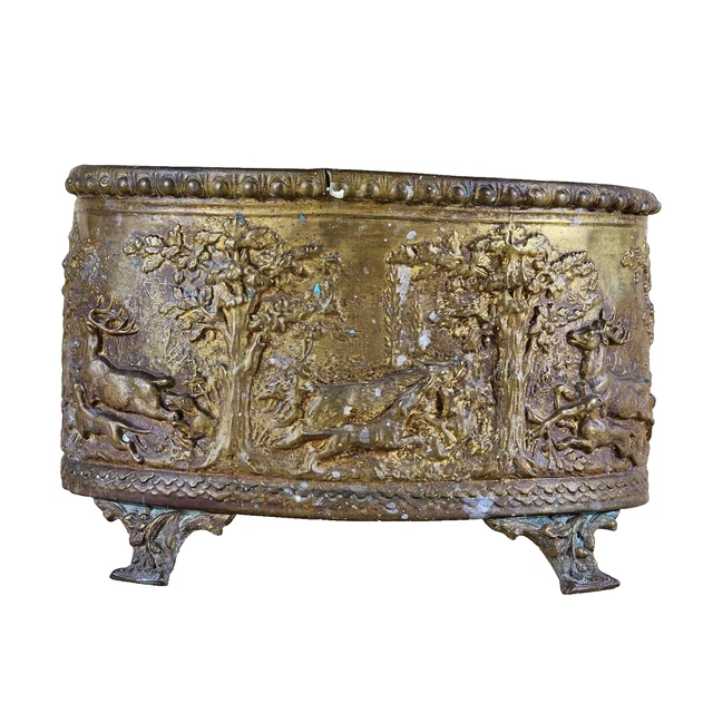 Jardinière Cache-pot Sur Pied En Laiton Avec Décor Fleurs Et épis De Blé - Occasion - Déco Vintage