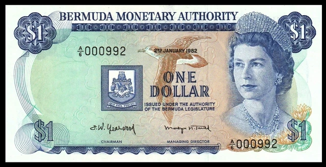 🇧🇲  Bermuda  $1 Dollar, 1982, P 28b, UNC * QE II * @ Low Serial : 000992 ***