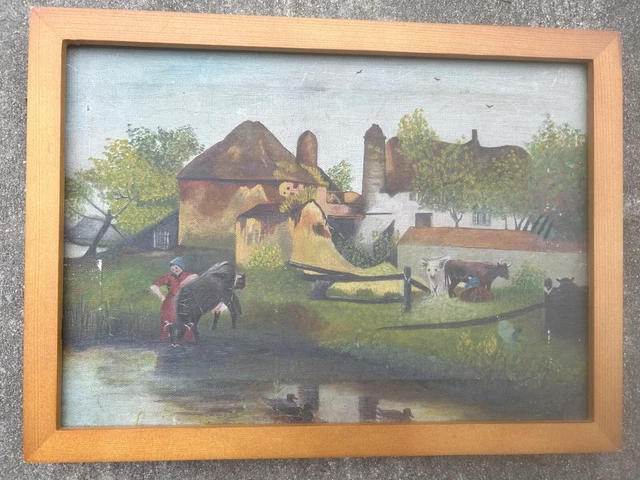 ANTIQUE FOLK ART Landscape Oil Painting on Canvas Cow Pasture $80.00 ...