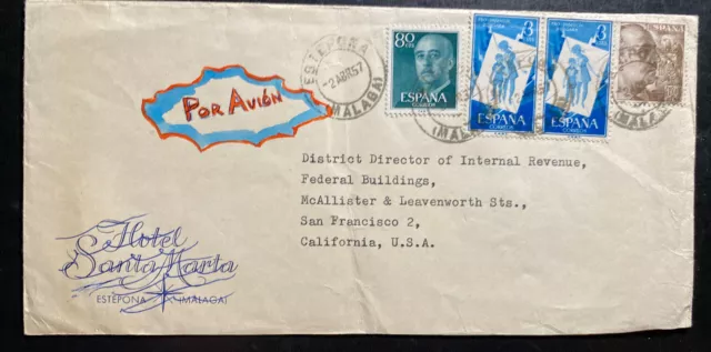 1957 Malaga Spain Airmail Commercial Cover To San Francisco CA USA