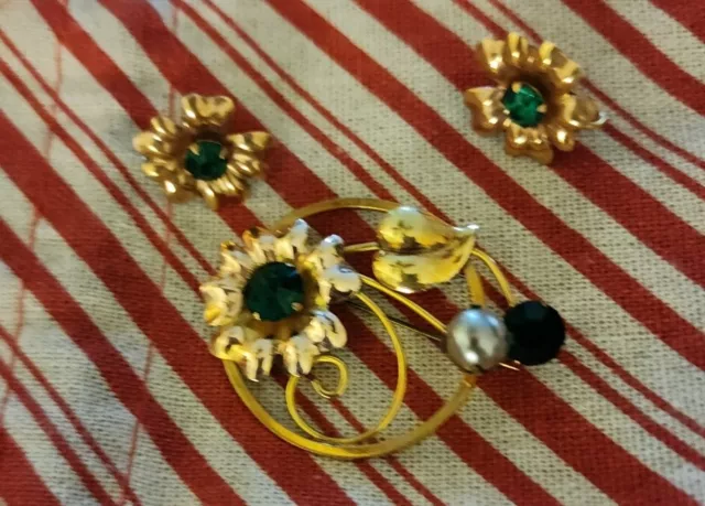 Vintage Bal Ron Brooch and Earrings Set 1/20 12kt Gold GF Green Flower Crystals