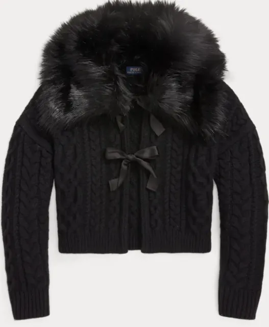 NWT Polo Ralph Lauren Faux-Fur-Collar Aran Wool-Blend Cardigan Womens Sz. L $598