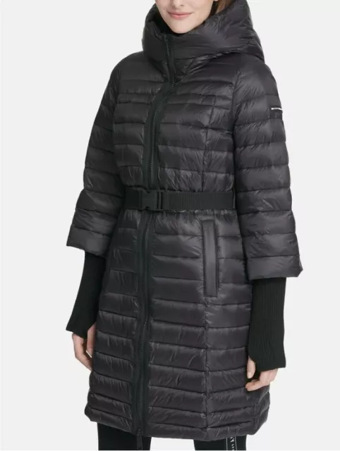 DKNY Sport Women's Long Puffer Coat Hooded Down Jacket, Black W/Belt Size M