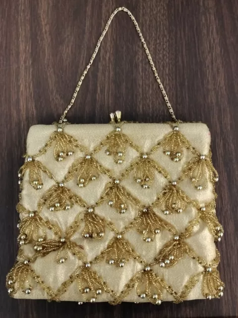 Vtg Walborg Evening Bag Gold Beaded Pearl Kiss Lock Chain Strap Hong Kong EUC